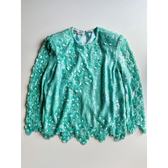Vintage 90's SAKS FIFTH AVENUE Turquoise Beaded Sequin Blouse Skirt Set, Size M - Picture 4 of 16